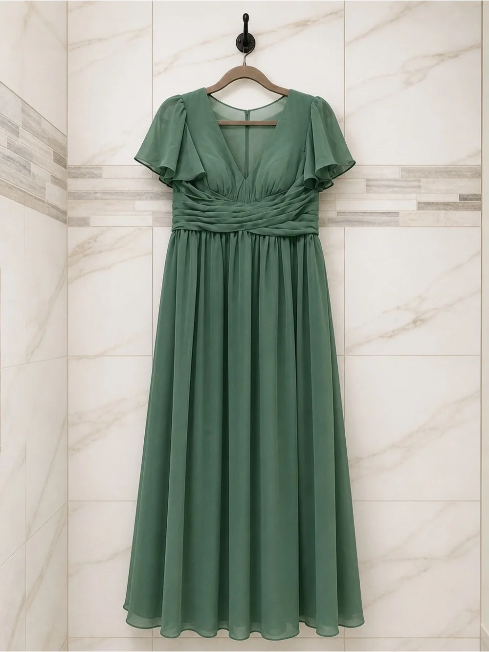 NWT Azazie Sage Green V-Neck Flutter Sleeve Maxi Dress bridesmaid formal gown A8 - Picture 12 of 14
